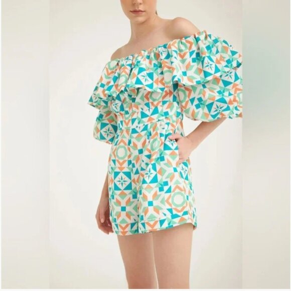 NWT - Silka Fatima Romper Pink Green Geometric Print Off-shoulder Ruffle - Picture 6 of 8
